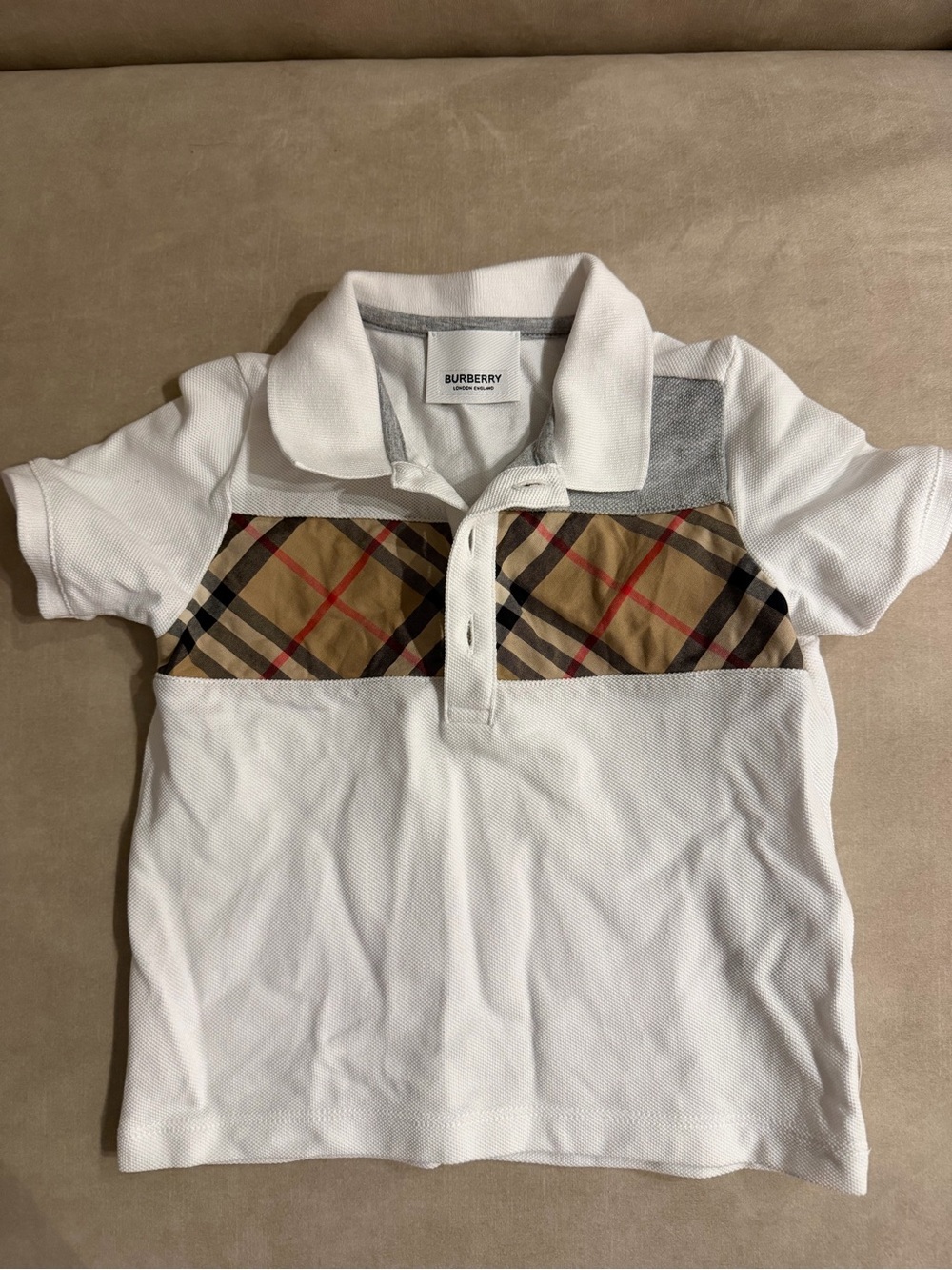Burberry White Polo with Signature Beige Check Chest Panel